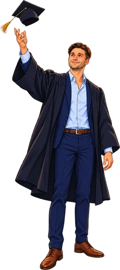 Illustration of Tomas as a graduate, tossing his cap